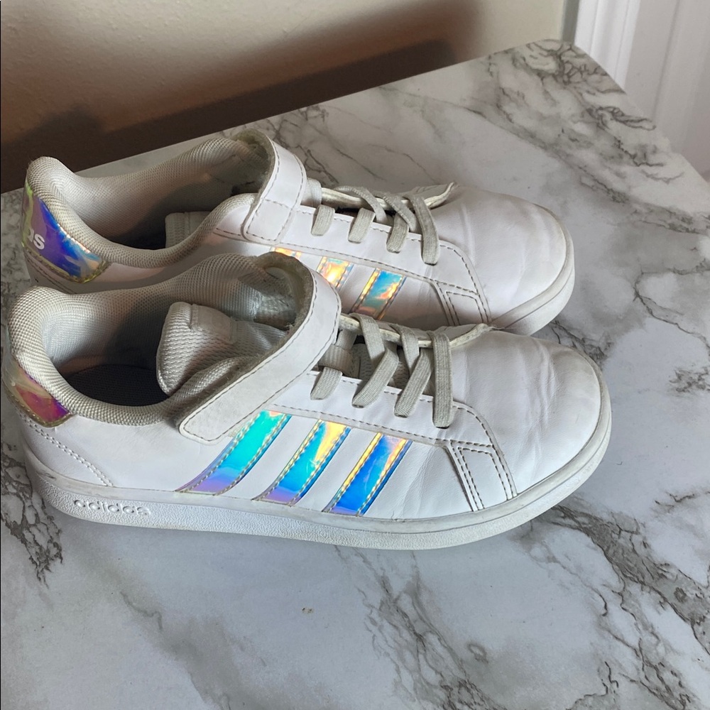 Adidas Originals Superstar Kids White Sneakers with Iridescent Blue Stripes - Picture 7 of 10